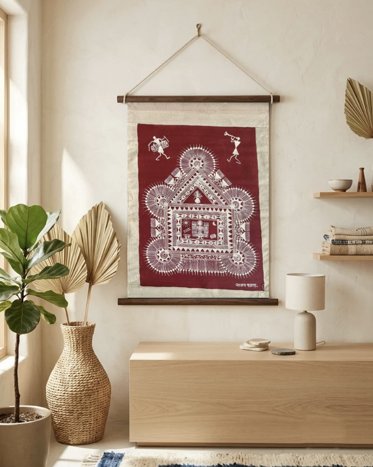 Warli Scroll Maroon & White Tribal Art Wall Hanging
