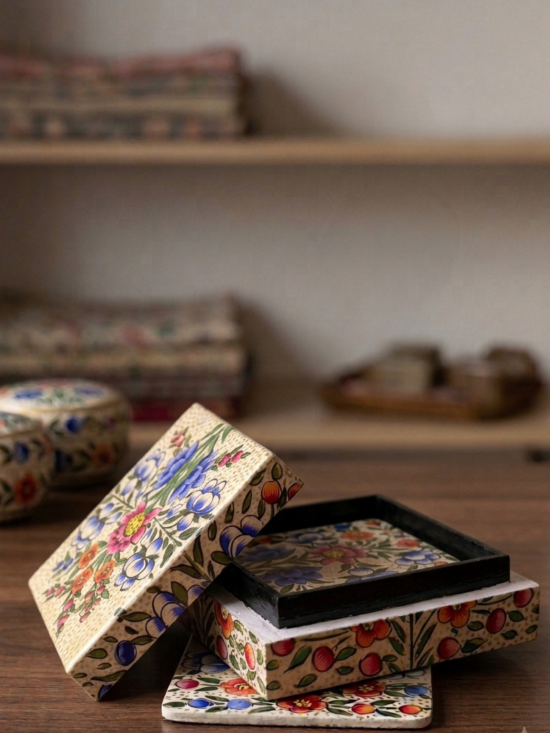 Kashmiri Paper Mache Floral Coaster Set