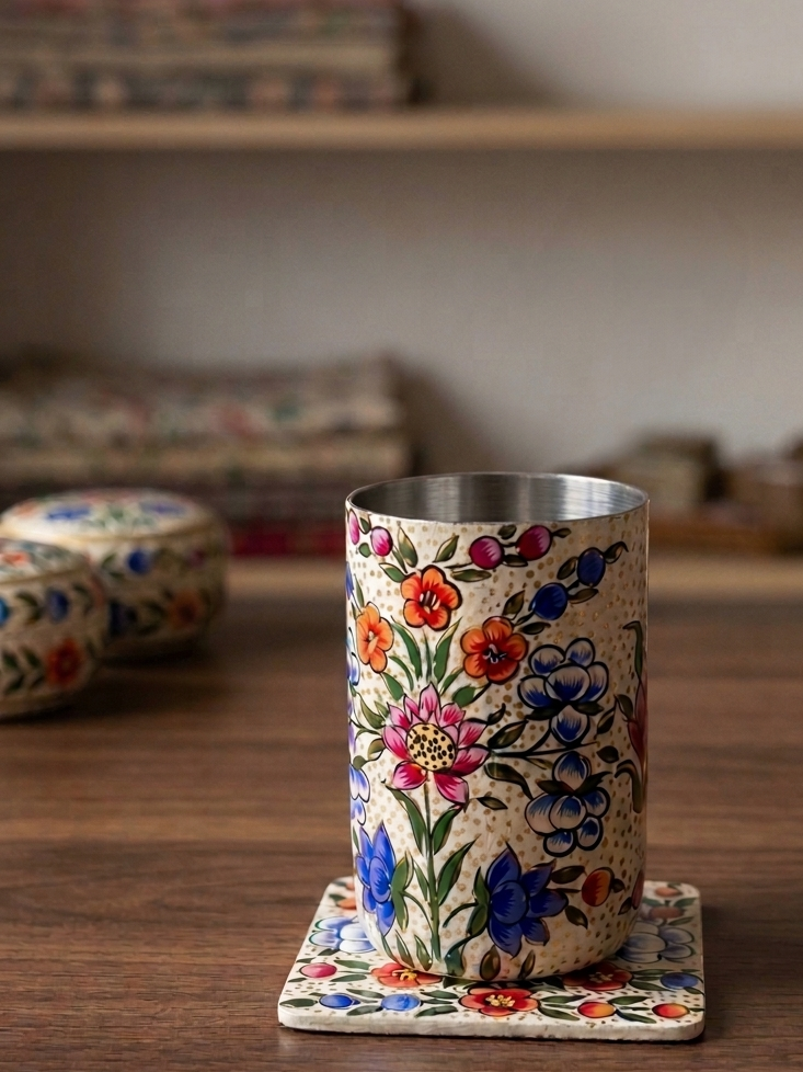 Kashmiri Papier-Mâché Floral Stainless Steel Glass